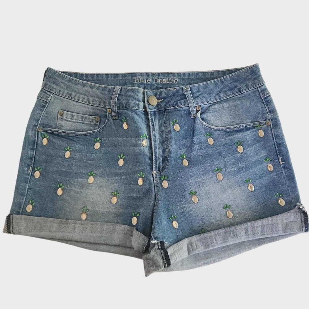 Blue Desire‎ Denim Shorts Pineapples Embellished Rhinestones Cuffed Blue Sz 12